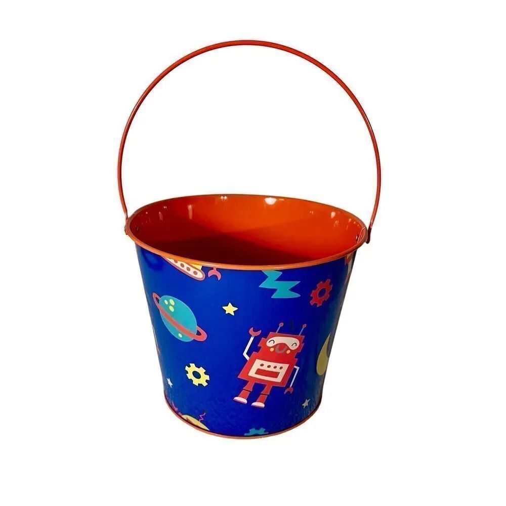 Blue & Orange Robot  Space Metal Pail NWOT